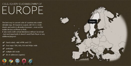 Free Stylish Clickable Map of Europe using CSS and jQuery